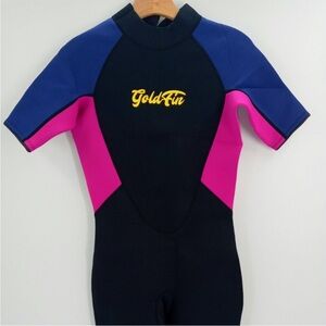 GoldFin Women’s Short Sleeve Wetsuit - Black, Blue & Pink Summer Surf Beach NWOT